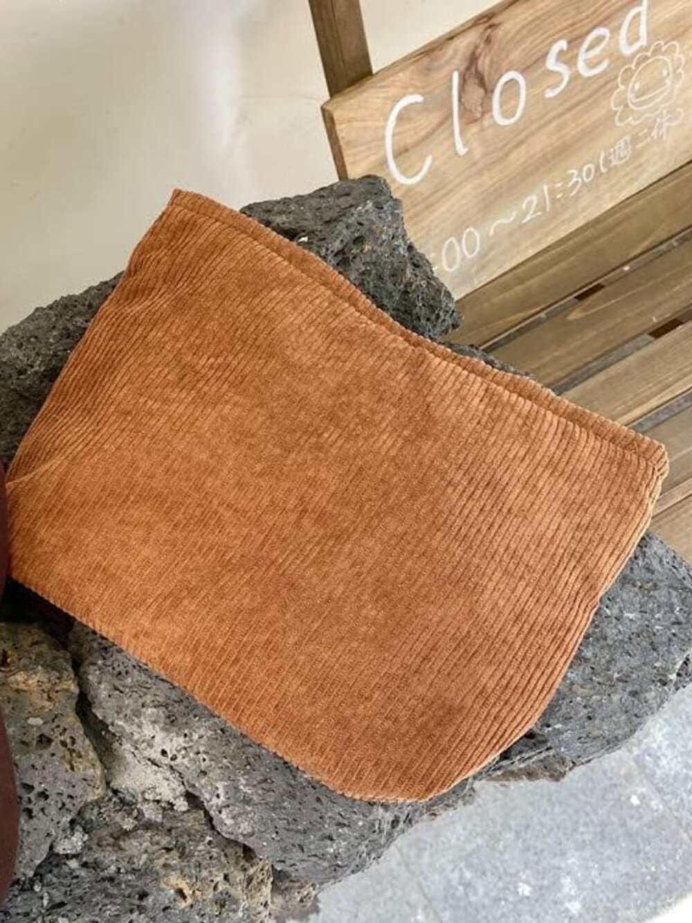 Corduroy Makeup Bag Large Zipper Cosmetic Pouch Brown